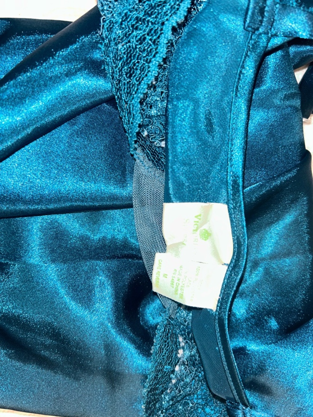 Victoria Secret Teal Satin Long Slip with Lace Straps - Picture 3 of 5
